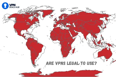 A world map predominantly shaded in red, with a blue logo in the top left corner labeled "VPN Deals Hub." The text at the center of the map reads, "ARE VPNS LEGAL TO USE?" The map visually represents the legal status of VPNs across various countries.
