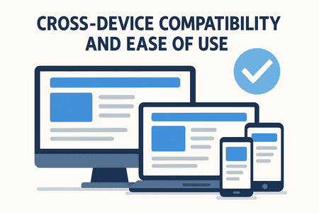 Red and white illustration labeled “Cross-Device Compatibility and Ease of Use.” It features a desktop, laptop, tablet, and smartphone, all displaying matching content, with a prominent checkmark beside the title—conveying seamless VPN usage across multiple devices.