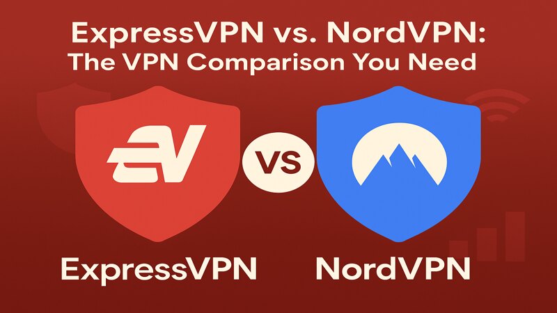 Side-by-side visual comparison of ExpressVPN and NordVPN. Each service is represented by a distinct shield—ExpressVPN in red, NordVPN in blue—on a red background. A circle with “vs” sits between them, under the headline: “ExpressVPN vs. NordVPN: The VPN Comparison You Need.” The design emphasizes a direct performance showdown between the two VPN providers.