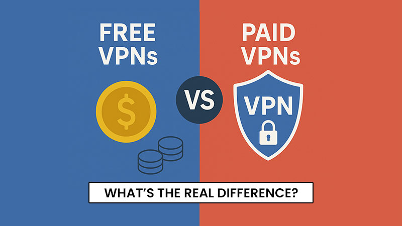 Comparison of Free VPNs vs Paid VPNs in 2025. Left side shows "Free VPNs" with coins symbolizing cost savings. Right side shows "Paid VPNs" with a shield and lock icon representing enhanced security. Text at the bottom reads "What's the Real Difference?