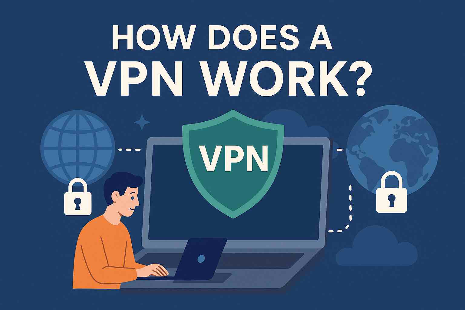 An infographic titled 'How Does a VPN Work?' featuring a person using a laptop with a VPN shield icon on the screen, symbolizing secure connection. The image includes two globes with padlock icons and cloud elements, connected by dotted lines, on a dark blue background, illustrating the secure data transfer across the internet.