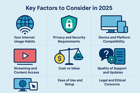 Infographic titled "Key Factors to Consider in 2025" for choosing a VPN. Icons and text highlight: Internet Usage Habits (globe), Privacy and Security Requirements (shield), Device and Platform Compatibility (phone and laptop), Streaming and Content Access (play button), Cost vs Value (scale), Ease of Use and Setup (cursor), Quality of Support (gear), and Legal and Ethical Concerns (document).