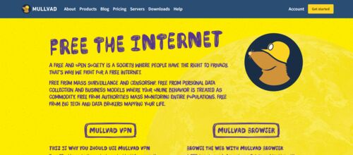 A screenshot of the Mullvad VPN homepage featuring a bright yellow background with the tagline 'FREE THE INTERNET' and an illustration of a mole in a hard hat. The text highlights Mullvad's mission to fight for a free internet where people have the right to privacy, offering a VPN and browser to protect from mass surveillance and censorship. Navigation options include About, Blog, Pricing, Servers, Downloads, Help, and Account, with a 'Get started' button.