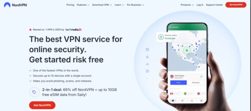 A screenshot of the NordVPN homepage featuring a hand holding a smartphone displaying a map with security features. The text highlights NordVPN as the best VPN service for online security, offering a risk-free trial, protection for up to 10 devices, scam and malware prevention, and 2GB daily data from Sally, with a red 'Get NordVPN' button.
