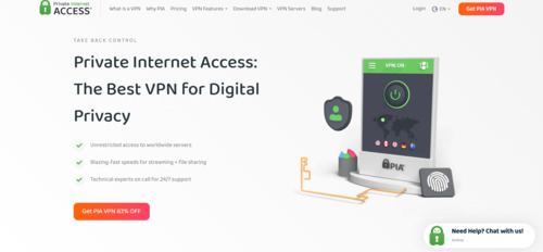 A screenshot of the Private Internet Access (PIA) homepage featuring the tagline 'Private Internet Access: The Best VPN for Digital Privacy' with an illustration of a secure device displaying PIA features. The text highlights unlimited access, fast speeds, and 24/7 live support, with a 'Get PIA VPN 82% OFF' button. Navigation options include What is a VPN, Why PIA, Features, VPN Servers, Blog, and Login, with a 'Need Help? Chat with us' option.
