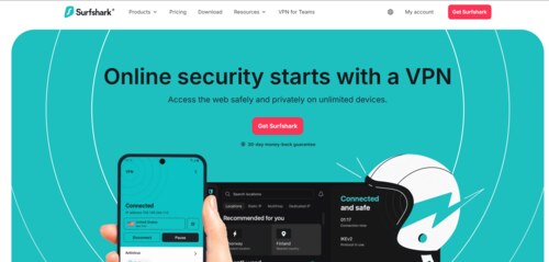 A screenshot of the Surfshark homepage featuring the tagline 'Online security starts with a VPN' with an illustration of a hand holding a smartphone displaying a map and security features. The text highlights safe web access, privacy, and unlimited devices, with a 'Get Surfshark' button and a 30-day money-back guarantee, alongside navigation options for products, pricing, downloads, resources, and login.
