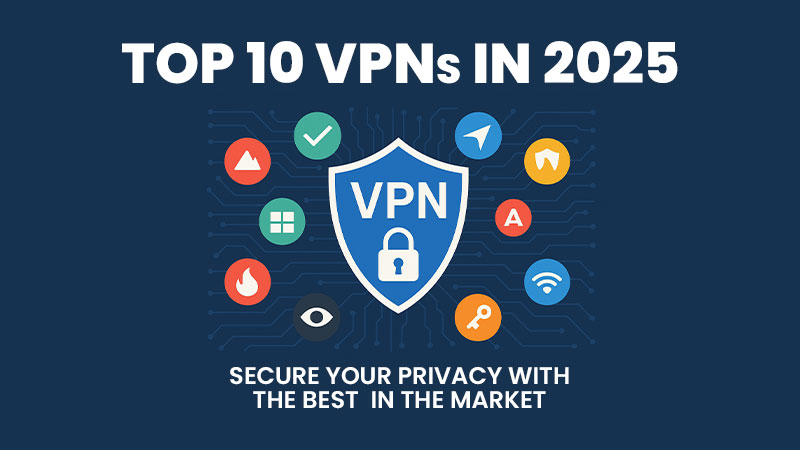 An infographic titled 'Top 10 VPNs in 2025' featuring a central VPN shield icon with a lock, surrounded by various icons representing security features like a checkmark, key, and Wi-Fi signal. The background is dark blue with circuit-like lines, and the text 'Secure Your Privacy with the Best in the Market' is displayed below.