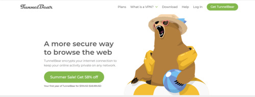 A screenshot of the TunnelBear homepage featuring a bear in a hat and life preserver holding a globe, with the tagline 'A more secure way to browse the web TunnelBear encrypts your internet connection to keep online activity private.' The text highlights a 'Summer Sale! Get 58% off' offer for the first year, with a 'Get TunnelBear' button. Navigation options include Plans, What is a VPN, Download, Help, and Login.