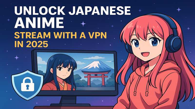 Illustration of a hoodie-wearing person watching anime on a computer, with a torii gate, Mount Fuji, and text that reads 'Unlock Japanese Anime Stream with a VPN in 2025.