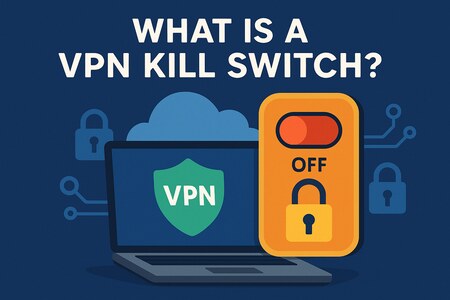 "Graphic featuring the text 'WHAT IS A VPN KILL SWITCH?' above a laptop displaying a VPN shield icon. Beside the laptop is a prominent toggle switch set to 'OFF' with a padlock icon below, symbolizing internet privacy and security safeguards.