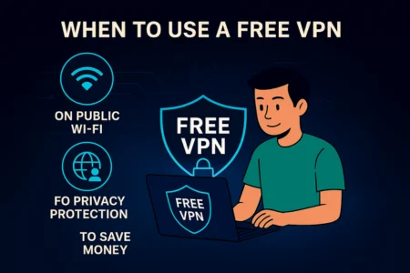 "Illustration showing a user using a Free VPN, with icons for public Wi-Fi, privacy protection, and saving money, set against a tech-themed background.