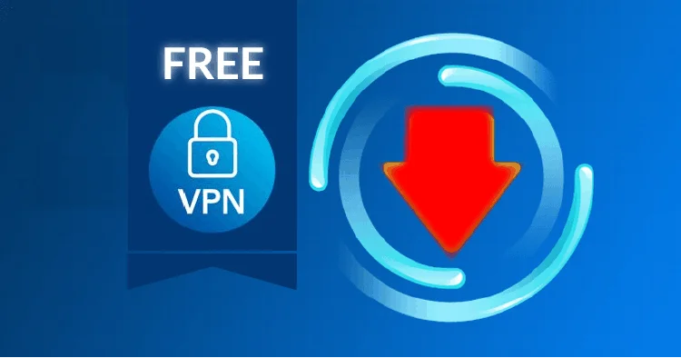 Blue graphic with padlock icon labeled ‘Free VPN’ and large red download arrow inside a circular design.