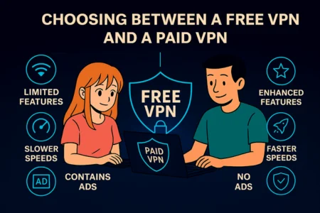 "Side-by-side illustration comparing Free VPN and Paid VPN, showing differences in features, speed, and ads with shield icons and user laptops on a tech-themed background."