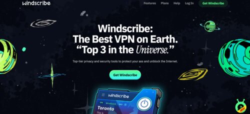 A screenshot of the Windscribe homepage featuring the tagline 'Windscribe: The Best VPN on Earth. "Top 3 in the Universe."' with an illustration of a smartphone displaying the Windscribe app and a cosmic background with planets and stars. The text highlights top-tier security and unblocking the internet, with a 'Get Windscribe' button. Navigation options include Features, Plans, Help, and Login.