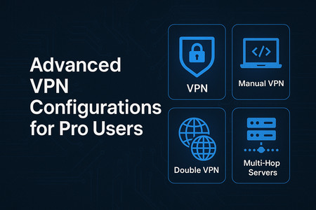 Dark-themed graphic showcasing four advanced VPN configurations: Standard VPN with a shield and lock icon, Manual VPN represented by a laptop and code, Double VPN illustrated with two interlinked globes, and Multi-Hop Servers shown as stacked server units. Background features subtle circuit board patterns, emphasizing technical sophistication.