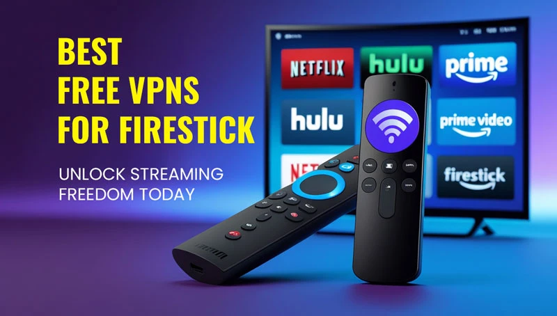 Best-Free-VPNs-for-Firestick banner showing streaming platforms like Netflix, Hulu, Prime Video with Firestick remotes, highlighting VPN access for streaming freedom