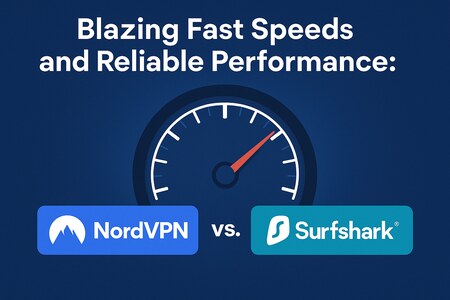 NordVPN vs. Surfshark speed comparison graphic featuring a speedometer with high-speed indicators and service logos, emphasizing fast VPN performance.