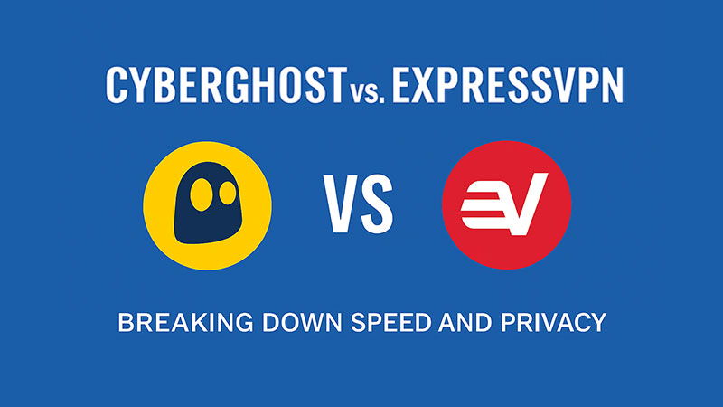 Illustration with the title “CyberGhost vs. ExpressVPN: Breaking Down Speed and Privacy” in bold yellow, red, and white text on a blue background. Below the title, the CyberGhost logo (yellow circle with a black ghost) is on the left, the ExpressVPN logo (red circle with white stylized “E”) is on the right, and icons for speed, VPN, and privacy (shield and lock) are arranged below to represent feature comparison.