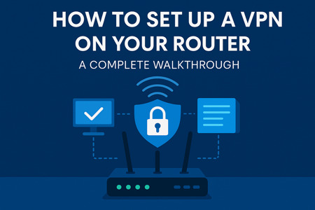 Illustration titled “How to Set Up a VPN on Your Router – A Complete Walkthrough.” Features a router with antennas, a shield with a lock symbolizing security, and two connected screens—one with a checklist icon and the other with text lines—representing the setup steps.