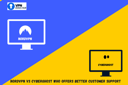 A split graphic comparing two VPN services: on the left, a white icon of a computer monitor displaying "NORDVPN" against a blue background. On the right, a black icon of a computer monitor showing "CYBERGHOST" against a yellow background. The text at the bottom reads: "NORDVPN VS CYBERGHOST WHO OFFERS BETTER CUSTOMER SUPPORT." The top left corner features a VPN Deals Hub logo.