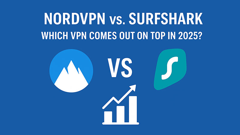 Illustration with the title “NordVPN vs. Surfshark: Which VPN Comes Out on Top in 2025?” in bold white text on a blue background. Below the title, the NordVPN logo (blue circle with white mountains) is on the left, the Surfshark logo (teal shield with white "S") is on the right, and a white bar chart with an upward arrow appears at the bottom center, representing comparison and performance. NordVPN-vs-Surfshark---Which-VPN-Comes-Out-on-Top-in-2025.jpg