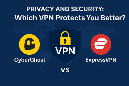 Comparison graphic titled “Privacy and Security: Which VPN Protects You Better?” featuring the logos of CyberGhost (a black ghost figure in a yellow circle) and ExpressVPN (a stylized white “E” in a red circle) placed side by side. A central shield icon with a padlock and “VPN” label represents security. The dark blue background adds contrast and focus to the elements, emphasizing the theme of online protection.