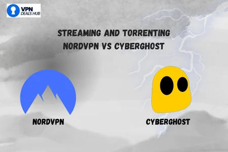 A graphic comparing NordVPN and Cyberghost for streaming and torrenting. On the left, a blue mountain logo representing NordVPN and on the right, a yellow ghost logo representing Cyberghost. The background is a light grey with a subtle lightning effect, and the title "Streaming and Torrenting: NordVPN vs Cyberghost" is displayed prominently in the center. The VPN Deals Hub logo is positioned in the top left corner.