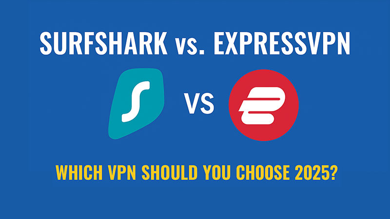 Blue background image comparing Surfshark and ExpressVPN logos with “VS” in the center and the text “Which VPN Should You Choose 2025?” below