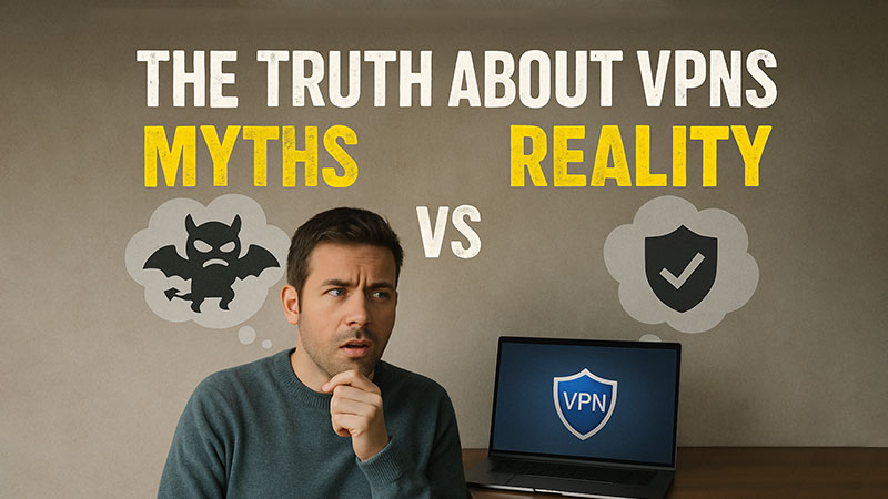A concerned man sits beside a laptop displaying a VPN shield icon. Above him, a thought bubble with a cartoon devil represents “MYTHS,” while another bubble with a checkmarked shield represents “REALITY.” Bold text reads “THE TRUTH ABOUT VPNS: MYTHS vs. REALITY” on a neutral background.