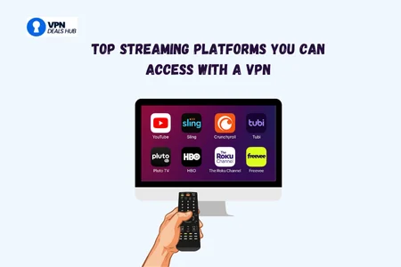Illustration of a hand holding a remote control pointed at a TV screen displaying streaming platform icons such as YouTube, Sling, Crunchyroll, Tubi, Pluto TV, HBO, Roku Channel, and Freevee, with the text 'Top Streaming Platforms You Can Access with a VPN,' branded with the VPN Deals Hub logo.