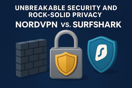 NordVPN vs. Surfshark graphic highlighting unbreakable security and rock-solid privacy with icons of a brick wall, shielded padlock, and Surfshark shield logo, emphasizing VPN protection features.
