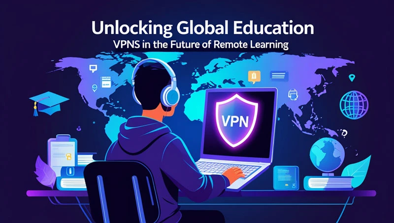 Person using a laptop with a VPN shield icon on screen, surrounded by educational symbols like books, a graduation cap, and a globe, with a world map backdrop. Header reads: 'Unlocking Global Education – VPNs in the Future of Remote Learning.