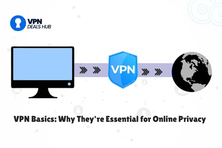 Illustration showing a computer connected through a VPN shield to the globe, with text 'VPN Basics: Why They're Essential for Online Privacy' and the VPN Deals Hub logo in the corner.