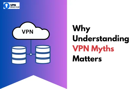 A graphic featuring a stylized cloud labeled "VPN" connected to two server icons, with a background gradient from purple to white. The text on the right side reads, "Why Understanding VPN Myths Matters." The top left corner includes the logo of "VPN Deals Hub.