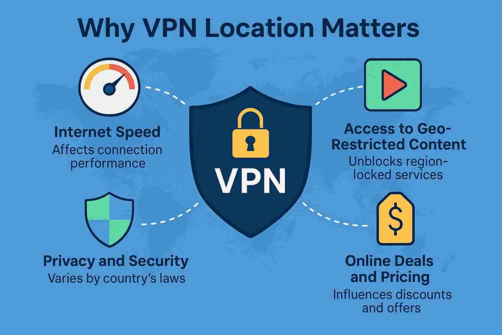 Infographic titled "Why VPN Location Matters" featuring a central shield icon labeled "VPN" with a lock. Four surrounding icons highlight key factors: a speedometer for "Internet Speed – Affects connection performance," a play button for "Access to Geo-Restricted Content – Unblocks region-locked services," a shield for "Privacy and Security – Varies by country's laws," and a price tag for "Online Deals and Pricing – Influences discounts and offers.