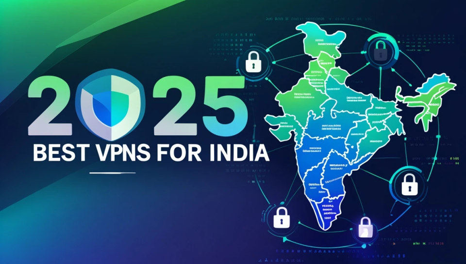 The image features a digital map of India, highlighted in shades of green and blue. In the center, the text "2025 BEST VPNS FOR INDIA" is displayed in bold, with a shield icon placed before the year. Various lock icons are scattered across the map, symbolizing security and privacy. The background includes abstract digital elements, with a mix of dark and light blue tones.