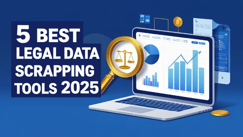 Illustration of a laptop displaying charts and graphs with a magnifying glass showing legal scales, next to bold text that reads “5 Best Legal Data Scraping Tools 2025” on a blue background