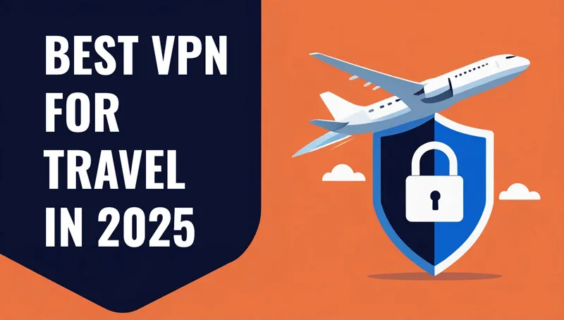 Graphic with an orange background featuring a white airplane flying above a blue shield with a white padlock icon. On the left side, bold white text reads "Best VPN for Travel in 2025.