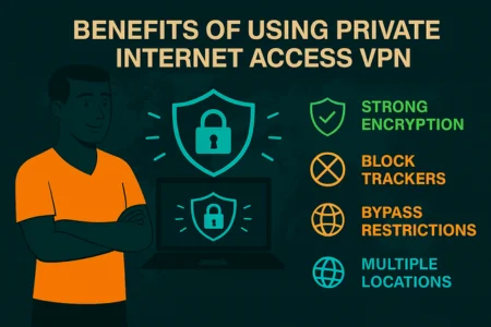 "Infographic showing a person beside a laptop with a VPN shield icon, highlighting benefits of Private Internet Access VPN including strong encryption, blocking trackers, bypassing restrictions, and access to multiple server locations, set against a tech-themed world map background."