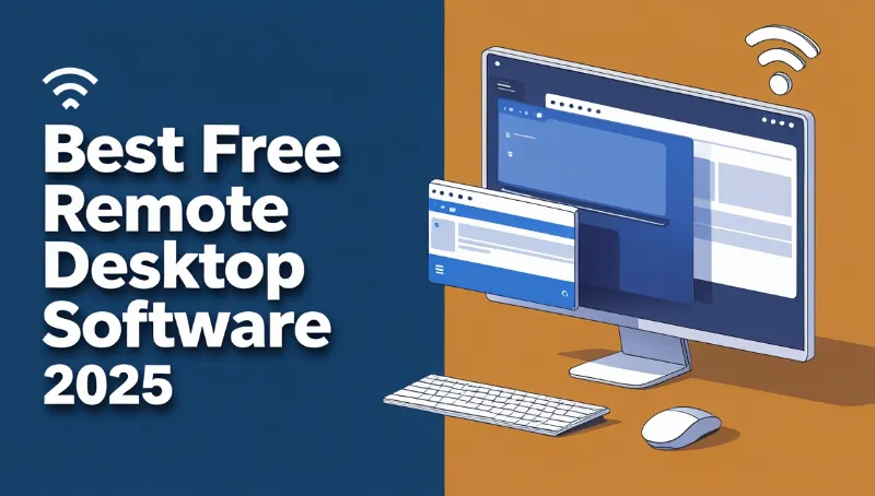 Illustration of a desktop computer with overlapping remote desktop windows on the screen, Wi-Fi icons above, and bold text that reads “Best Free Remote Desktop Software 2025” on a split blue and orange background.
