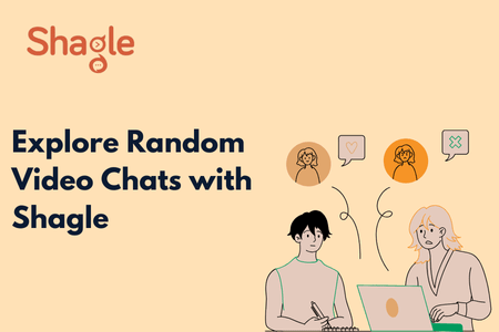 Beige background with the logo "Shagle" at the top. Bold text reads "Explore Random Video Chats with Shagle." Below, an illustration of two people using a laptop, with icons above them showing profile pictures, a heart, and an "X" symbol.