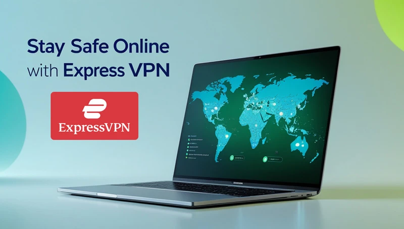 Laptop displaying a world map with highlighted VPN server locations, alongside the ExpressVPN logo. Text reads 'Stay Safe Online with Express VPN' on a light gradient background.