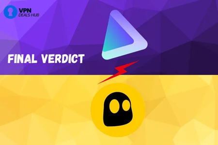 A graphic image featuring a title that reads "FINAL VERDICT." Above the title, there is a triangular logo with a gradient design, while below it is a logo of a ghost-like figure on a yellow background. The overall design has a colorful, geometric pattern. The top left corner has a logo labeled "VPN DEALS HUB.