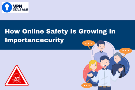 Light blue background with a dark blue banner reading "How Online Safety Is Growing in Importancecurity." Top left shows a logo labeled "VPN Deals Hub." Bottom left features a red warning triangle with a skull symbol. On the right, an illustration of five people with speech bubbles above them.