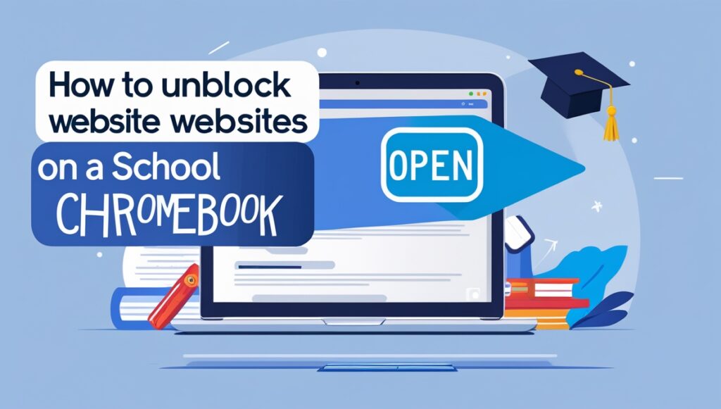 Illustration of a laptop with an open webpage, surrounded by school-related items like stacked books, a pen, and a graduation cap floating nearby. Text on the image reads "How to unblock website websites on a School CHROMEBOOK" with a large blue arrow pointing to an "OPEN" sign, indicating guidance on accessing blocked websites on a school Chromebook. The background is light blue with small decorative elements.