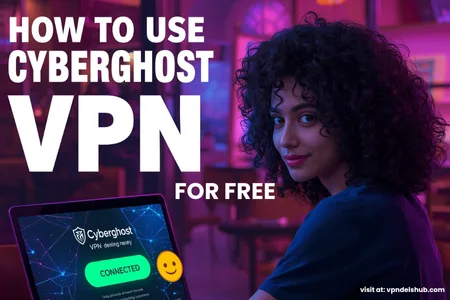 Promotional image titled "HOW TO USE CYBERGHOST VPN FOR FREE" featuring a woman with curly hair looking at the camera, with a laptop displaying the CyberGhost VPN interface showing "CONNECTED" and a smiley face. The background has a vibrant purple and pink ambiance, likely a café setting. The image includes a "visit at vpn.dealshub.com" link and is branded with the VPN Deals Hub logo.