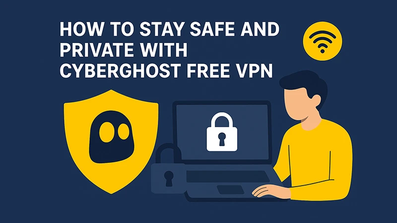 Illustration showing a person using a laptop with a lock symbol on the screen, a yellow shield with the CyberGhost VPN logo, and a Wi-Fi icon. Text reads 'How to Stay Safe and Private with CyberGhost Free VPN' on a dark blue background.