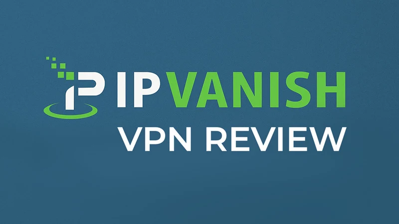 A graphic featuring the text "IPVANISH VPN REVIEW" in bold lettering. The word "IPVANISH" is displayed prominently with a green color and a stylized logo on the left, while "VPN REVIEW" is in white font below it. The background is a solid blue color.