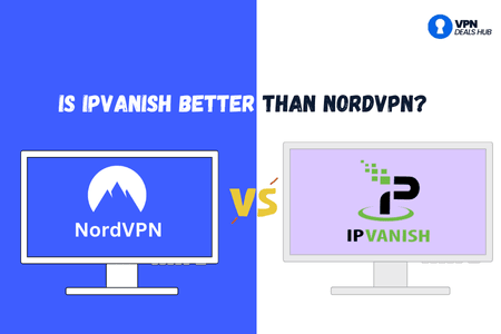A graphic comparing two VPN services. On the left, an illustration of a computer screen displays the NordVPN logo, which features a mountain and the text "NordVPN" beneath it, set against a blue background. On the right, another computer screen shows the IPvanish logo, a stylized "P" with a checkmark, accompanied by the text "IPVANISH" against a light purple background. The central text queries, "Is IPVANISH better than NORDVPN?