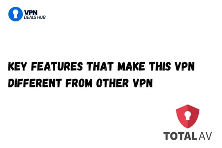 Top Left: "VPN DEALS HUB" in blue with a lock icon.
Main Text: "KEY FEATURES THAT MAKE THIS VPN DIFFERENT FROM OTHER VPN" in bold, black font.
Bottom Right: TotalAV logo, featuring a red shield with a keyhole and the text "TOTAL AV" in black.